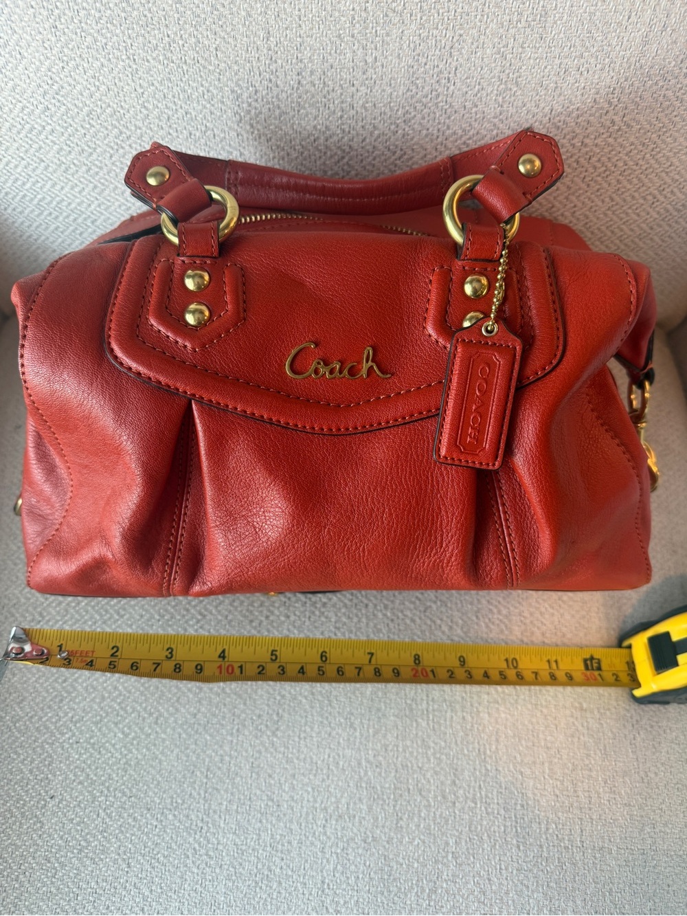 Coach Orange/Red Leather Satchel with Gold-Tone Accents